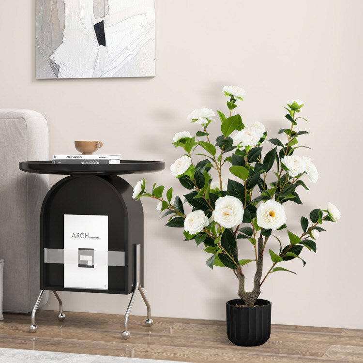 Camellia Tree Faux Flower Plant in Cement Pot