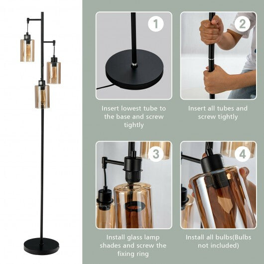 Retro Floor Lamp with 3-Head Hanging Amber Glass Shade - Color: Black