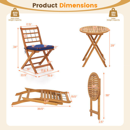 Acacia Wood Patio Bistro 3 Piece Set with Cushions Navy