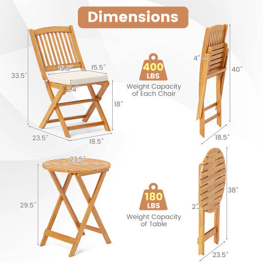 Acacia Wood Patio Folding Bistro 3 Piece Set with Soft Cushions Beige