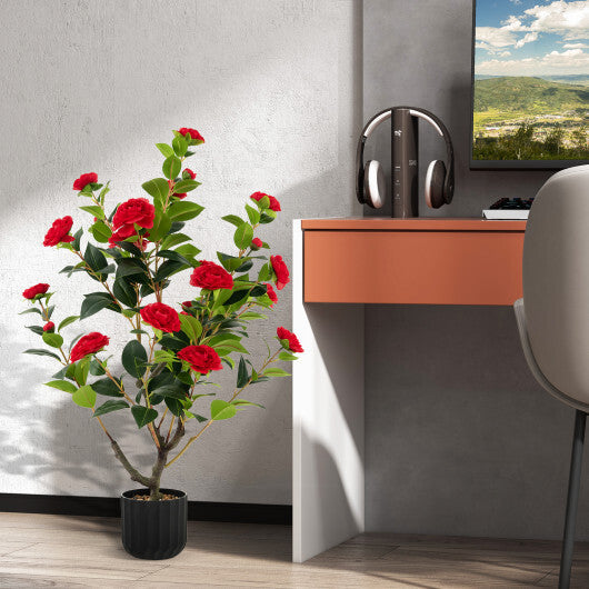Camellia Tree Faux Flower Plant in Cement Pot-Red - Color: Red