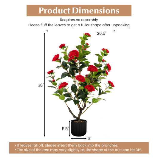 Camellia Tree Faux Flower Plant in Cement Pot 2 Pack-Red - Color: Red