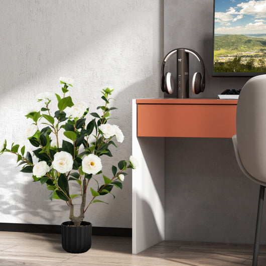 Camellia Tree Faux Flower Plant in Cement Pot-White - Color: White