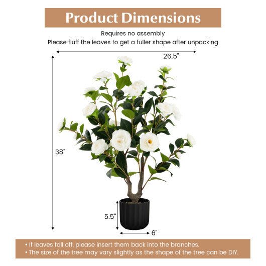 Camellia Tree Faux Flower Plant in Cement Pot 2 Pack-White - Color: White