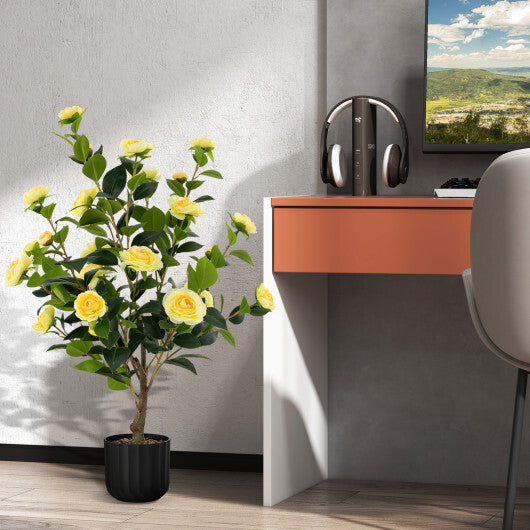 Camellia Tree Faux Flower Plant in Cement Pot-Yellow - Color: Yellow