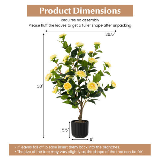 Camellia Tree Faux Flower Plant in Cement Pot 2 Pack-Yellow - Color: Yellow