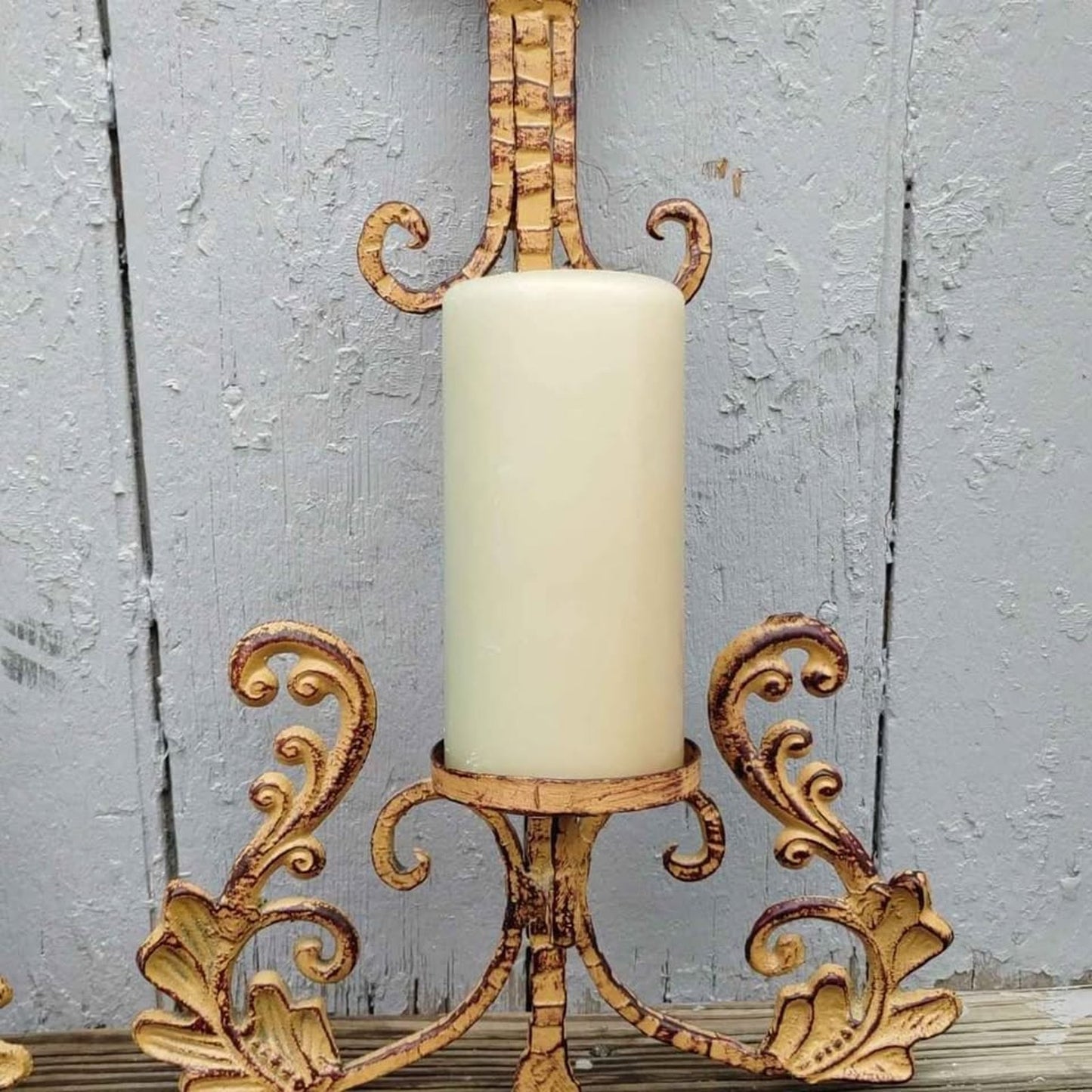 Vintage Solid Metal Sconces Distressed Gold Tone Wall Hanging Set of 2