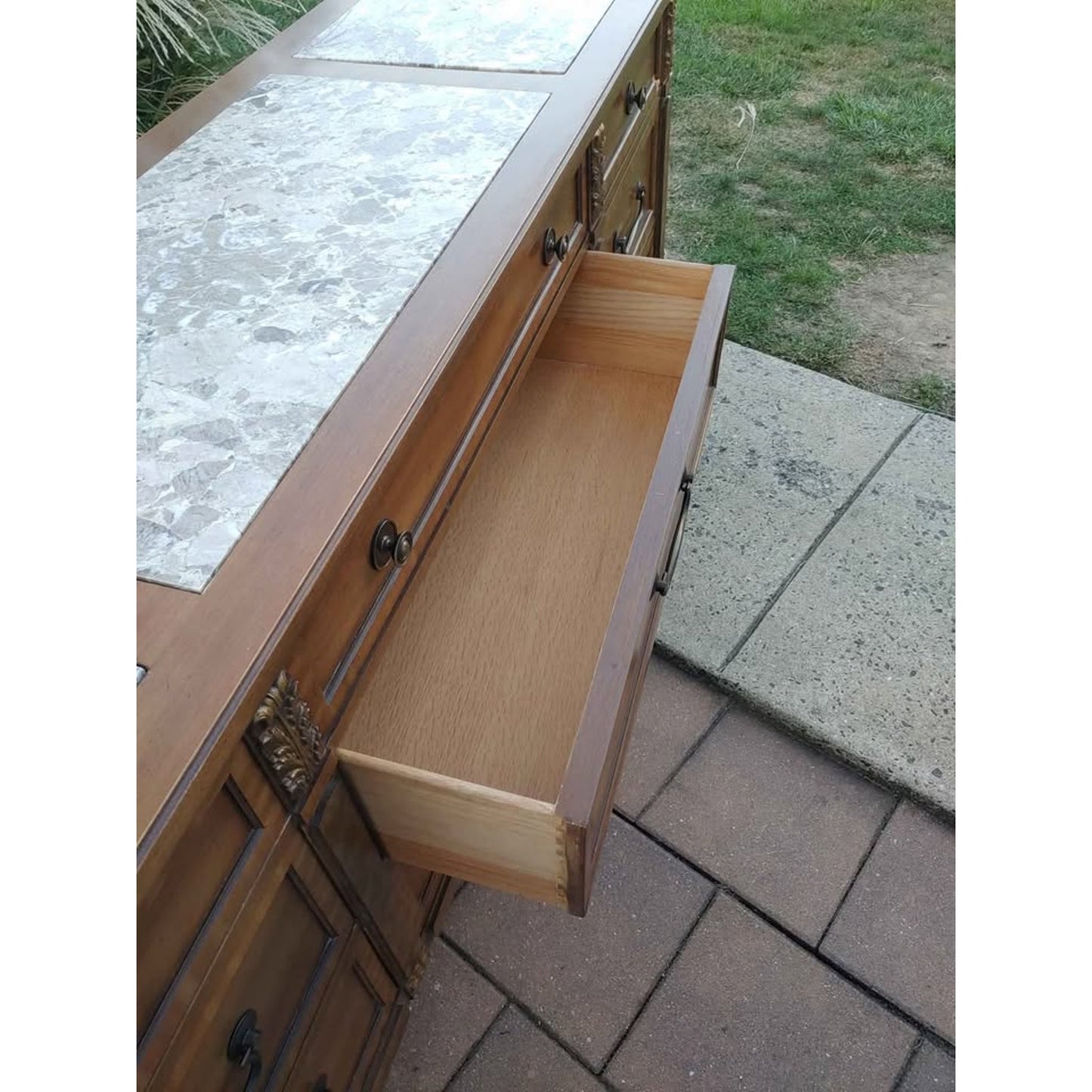 MCM Kent Coffee Walnut Pecan Italian Marble Inlay Triple Dresser Circa 1960