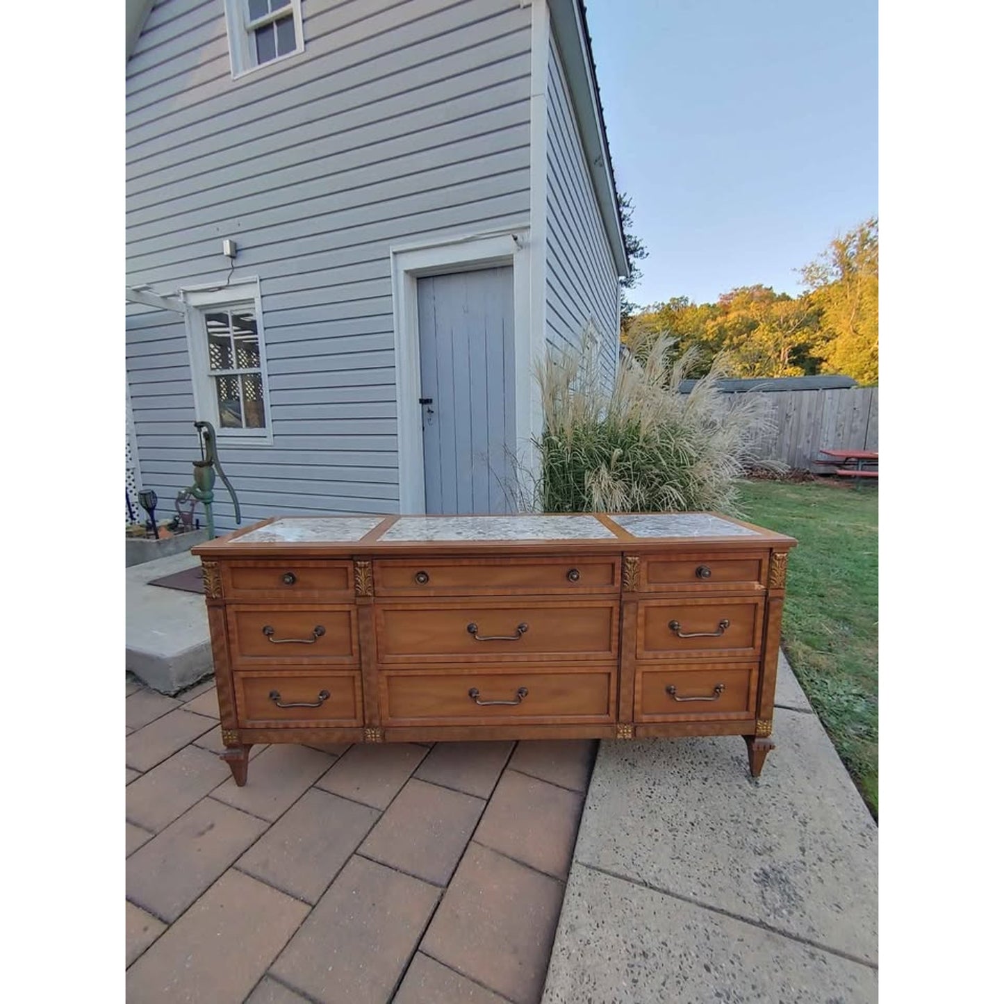 MCM Kent Coffee Walnut Pecan Italian Marble Inlay Triple Dresser Circa 1960