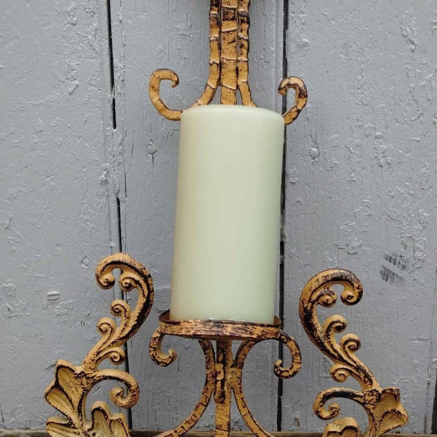 Vintage Solid Metal Sconces Distressed Gold Tone Wall Hanging Set of 2
