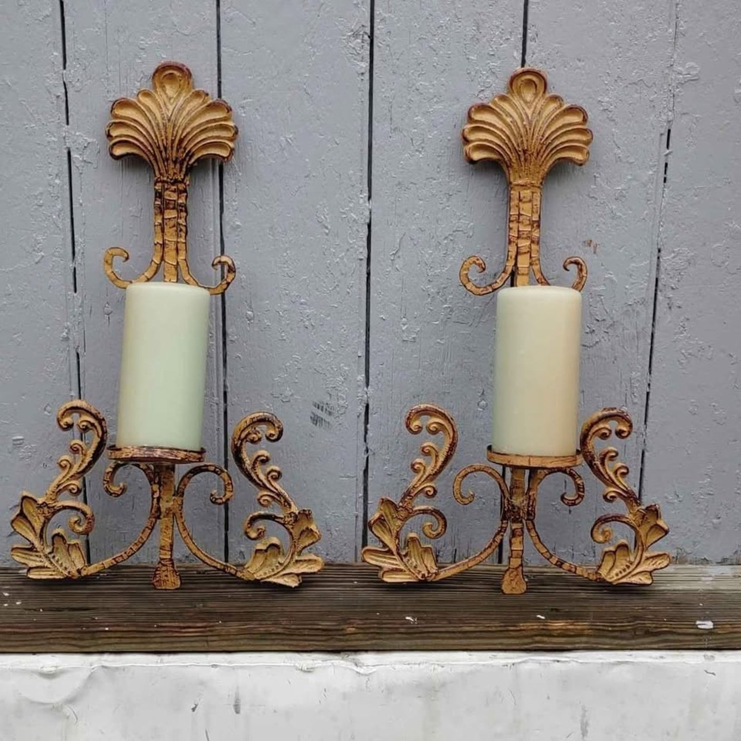 Vintage Solid Metal Sconces Distressed Gold Tone Wall Hanging Set of 2