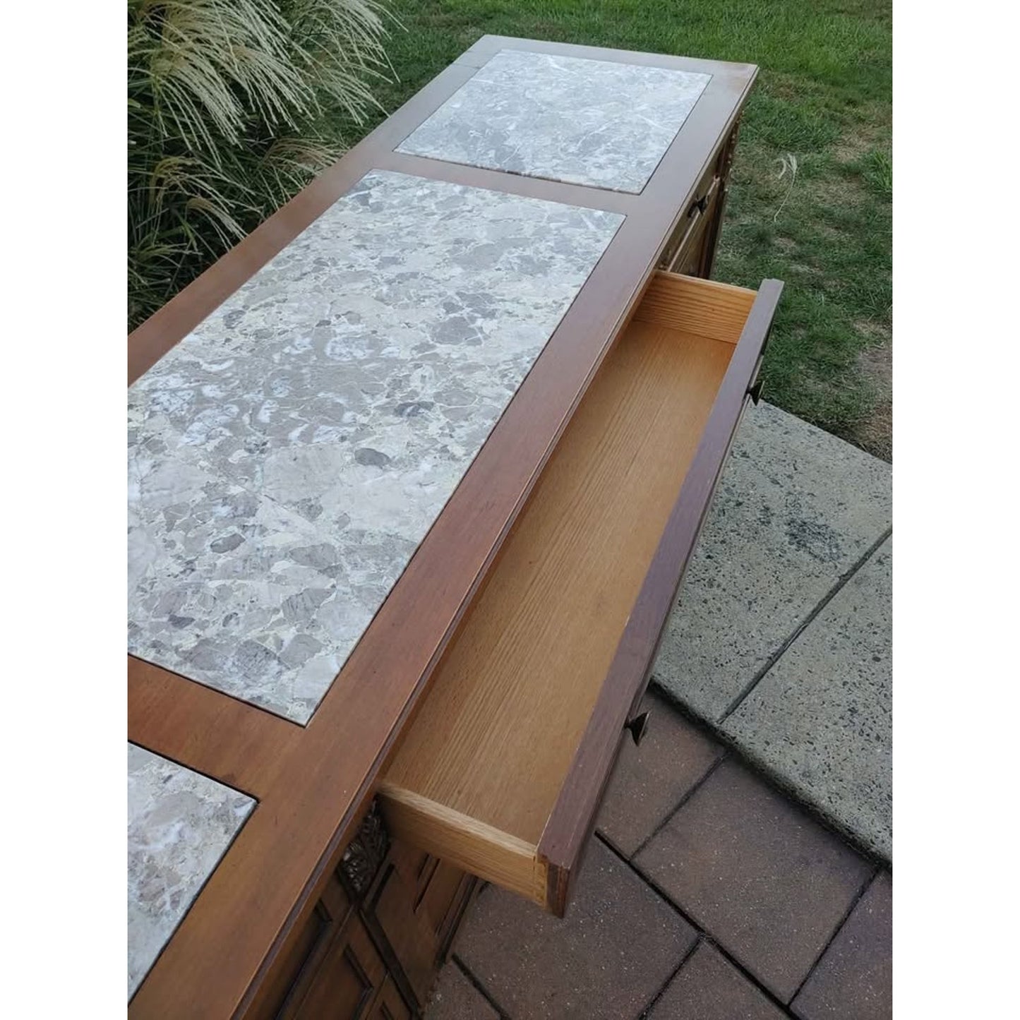 MCM Kent Coffee Walnut Pecan Italian Marble Inlay Triple Dresser Circa 1960