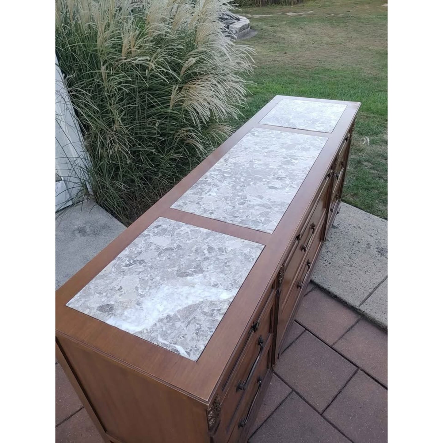 MCM Kent Coffee Walnut Pecan Italian Marble Inlay Triple Dresser Circa 1960