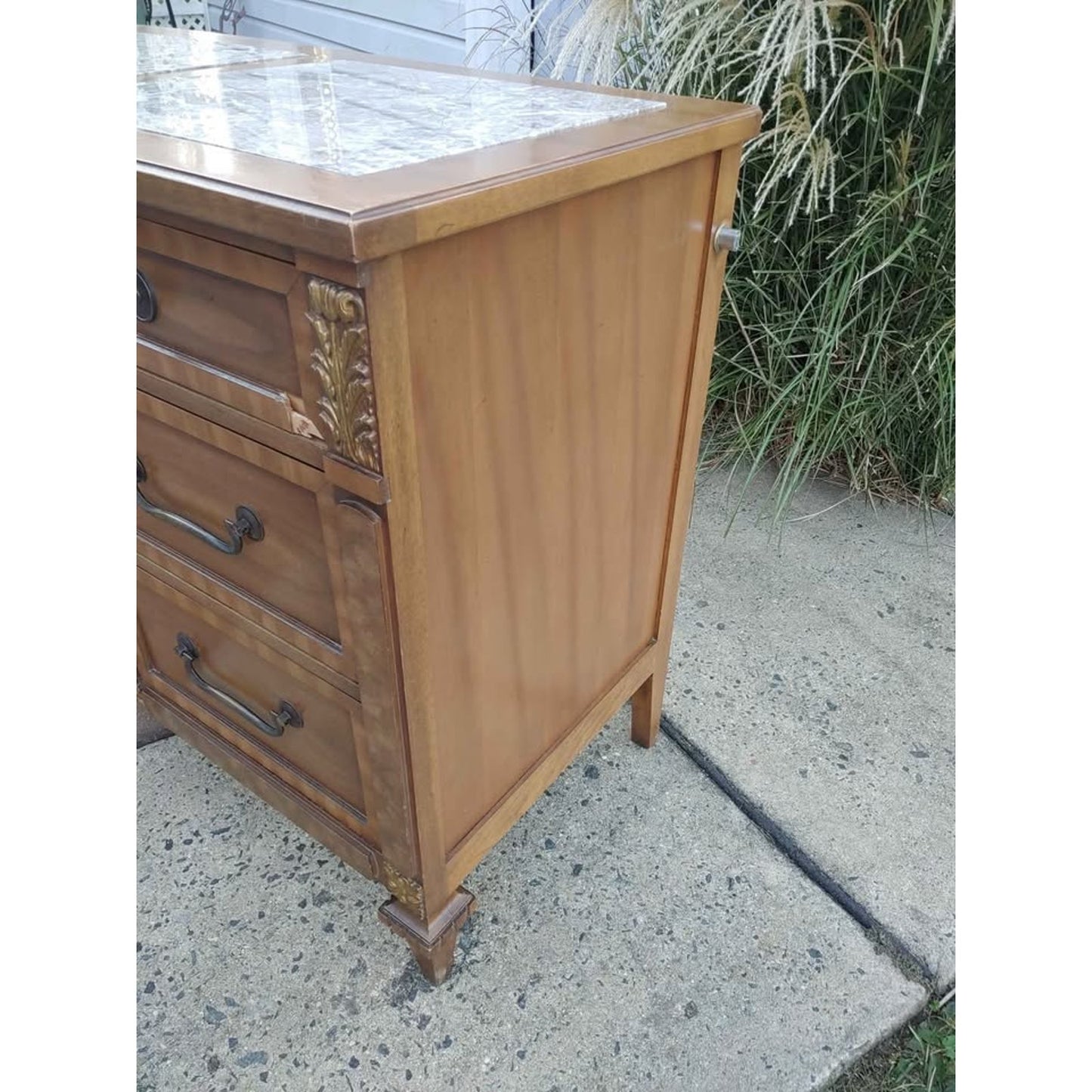 MCM Kent Coffee Walnut Pecan Italian Marble Inlay Triple Dresser Circa 1960