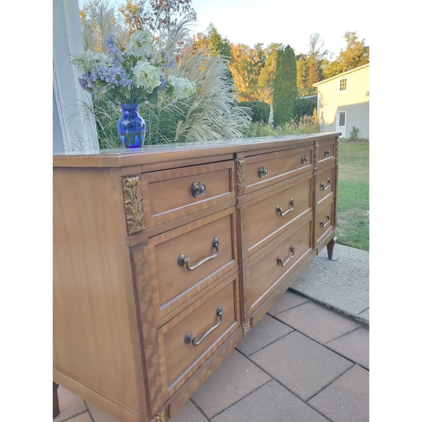 MCM Kent Coffee Walnut Pecan Italian Marble Inlay Triple Dresser Circa 1960