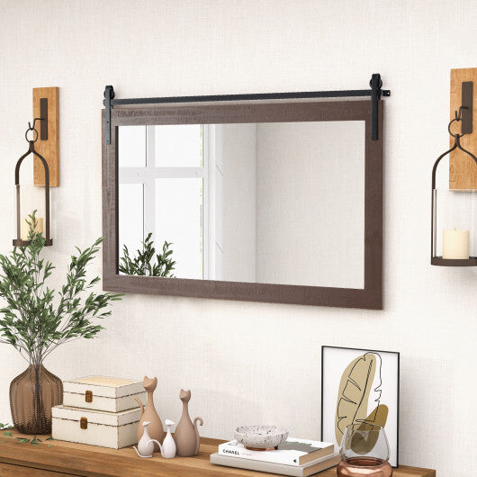 Rectangle Barn Door Style Wall Mounted Mirror with Solid Wood Frame