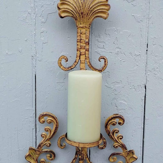 Vintage Solid Metal Sconces Distressed Gold Tone Wall Hanging Set of 2