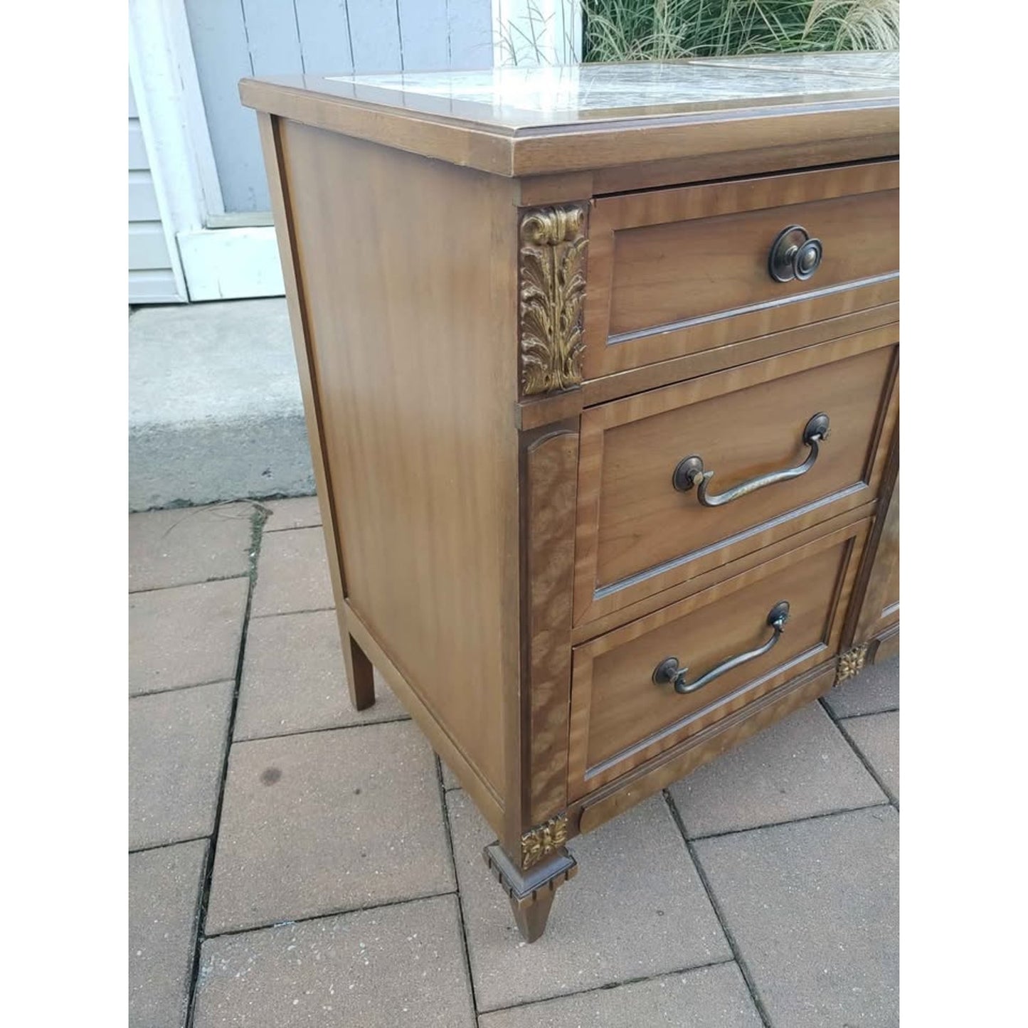MCM Kent Coffee Walnut Pecan Italian Marble Inlay Triple Dresser Circa 1960