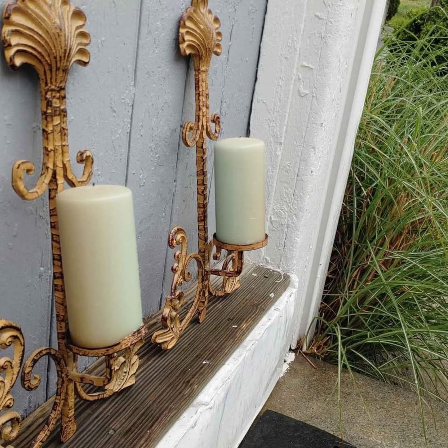 Vintage Solid Metal Sconces Distressed Gold Tone Wall Hanging Set of 2