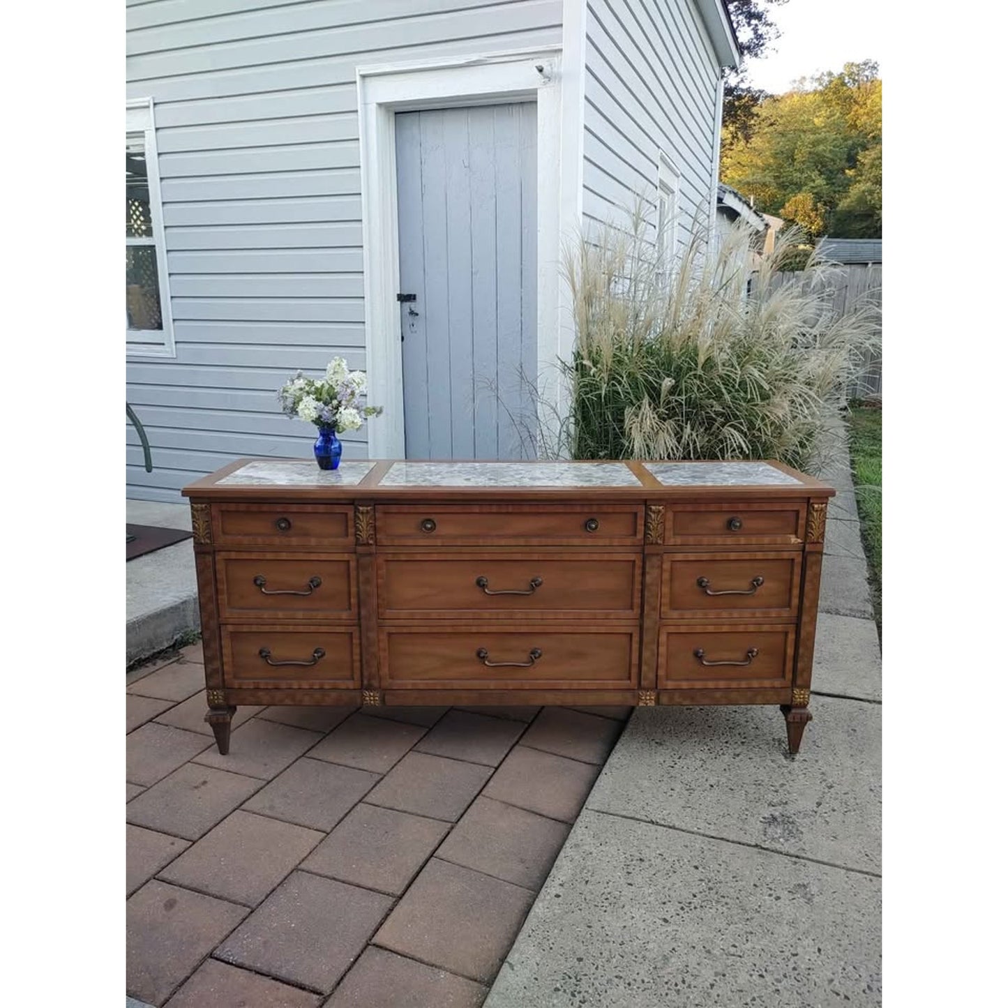 MCM Kent Coffee Walnut Pecan Italian Marble Inlay Triple Dresser Circa 1960
